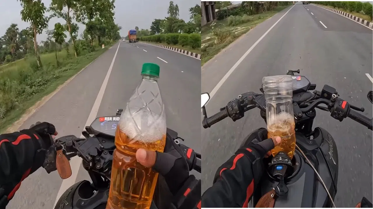 चलती बाइक में बंदे ने बोतल से डाला पेट्रोल, फिर दिखाया ऐसा स्टंट… देखकर उड़ गए लोगों के होश!
