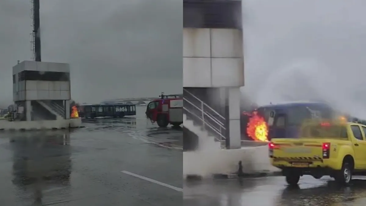 बारिश के बीच मुंबई एयरपोर्ट पर इंडिगो की यात्री बस में लगी आग, VIDEO आया सामने