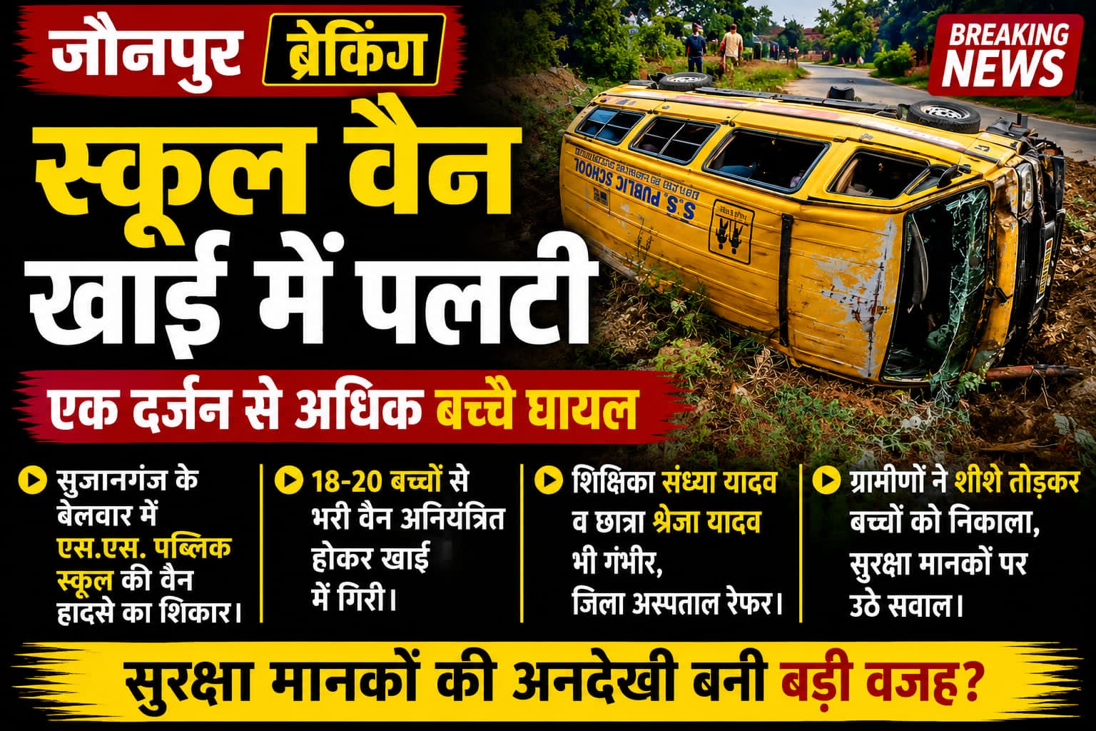 जौनपुर।* जनपद के सुजानगंज थाना क्षेत्र के बेलवार गांव में गुरुवार को एक बड़ा सड़क हादसा हो गया। एस.एस. पब्लिक स्कूल की बच्चों से भरी वैन अनियंत्रित होकर सड़क 