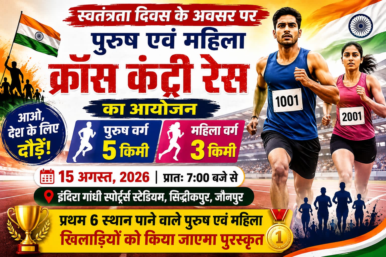 जौनपुर।* स्वतंत्रता दिवस के अवसर पर खेल विभाग की ओर से जिले में क्रॉस कंट्री रेस का आयोजन किया जाएगा। जिला खेल कार्यालय, जौनपुर के तत्वावधान में 15 अगस्त