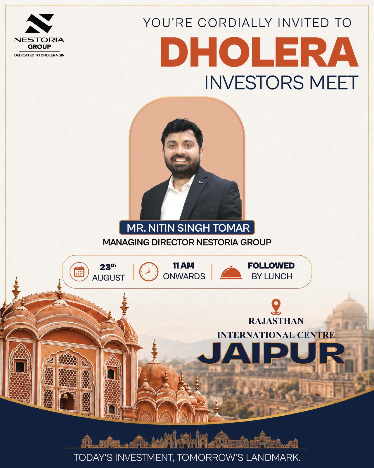 जयपुर में 23 अगस्त को होगा “DHOLERA INVESTORS MEET”  धोलेरा SIR में निवेश के अवसरों पर देशभर के निवेशकों का महत्वपूर्ण संवाद  जयपुर, 19